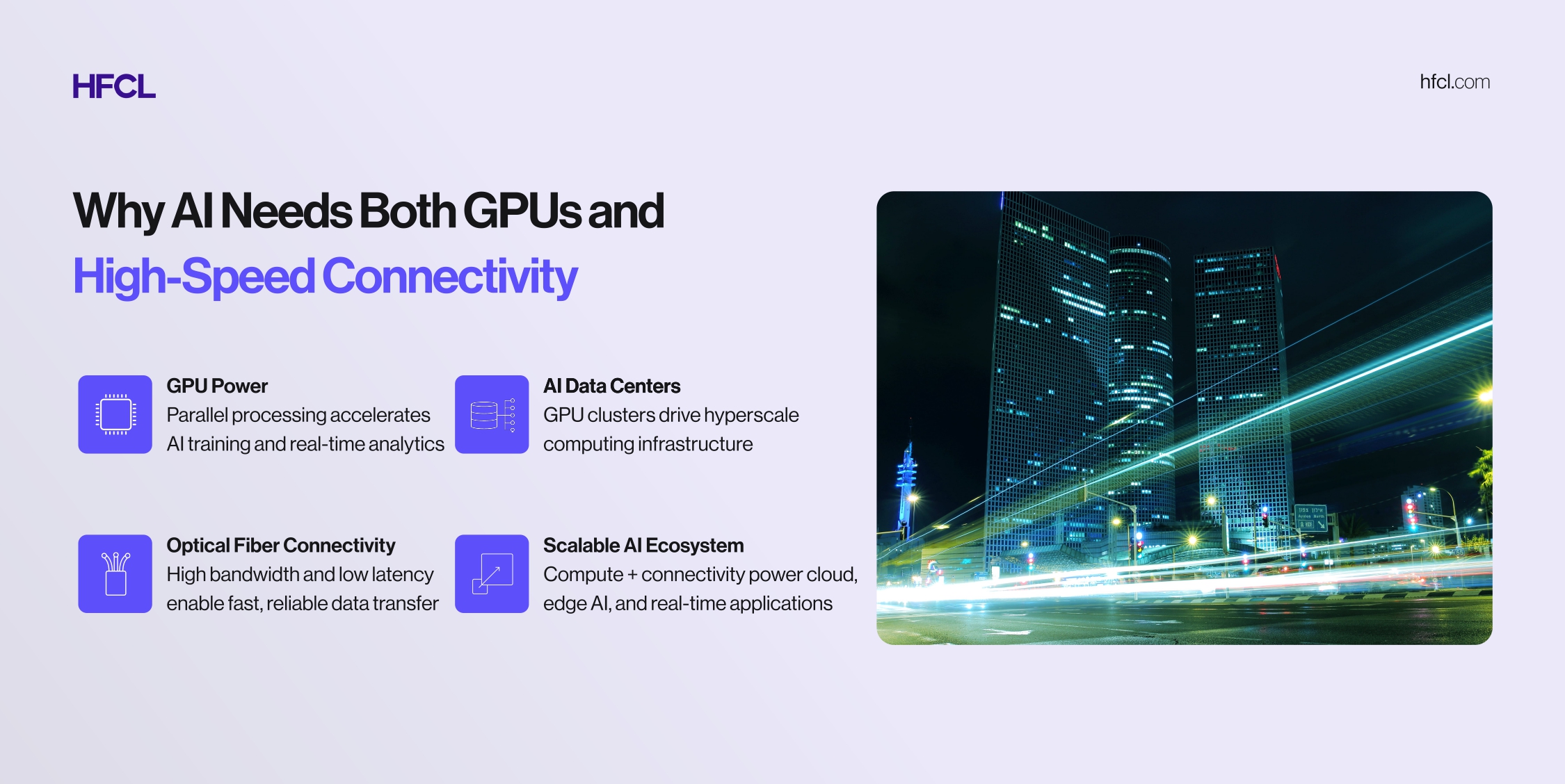 Infographic explaining how GPUs, AI data centers, and optical fiber connectivity enable scalable AI infrastructure